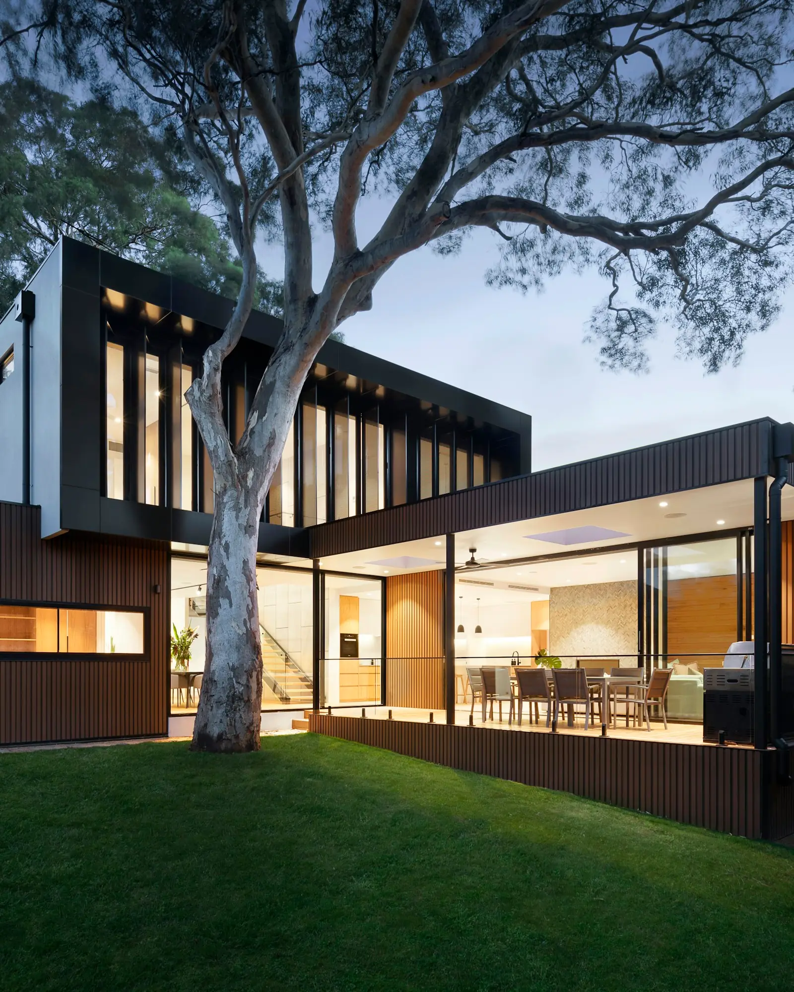 Contemporary home with black cladding and glazing lit up at dusk beneath a mature tree (stock image)