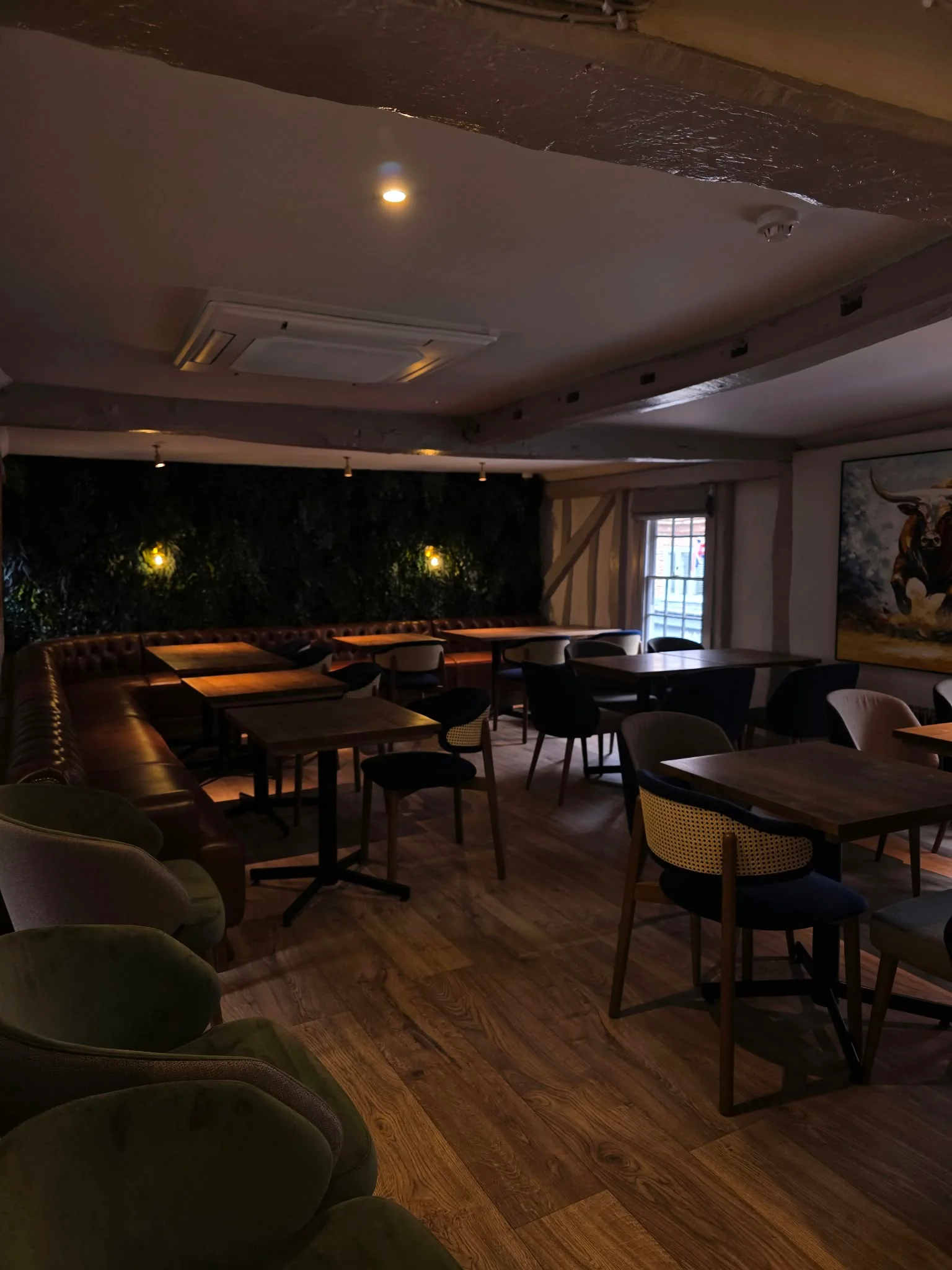 Dining room set for service under low lighting
