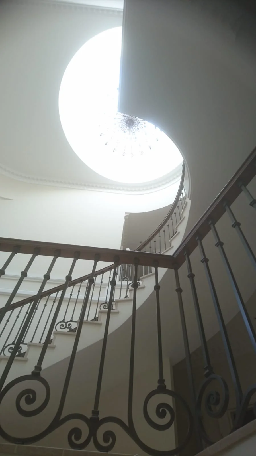 Curved staircase with a scrolled wrought-iron balustrade beneath a roof lantern