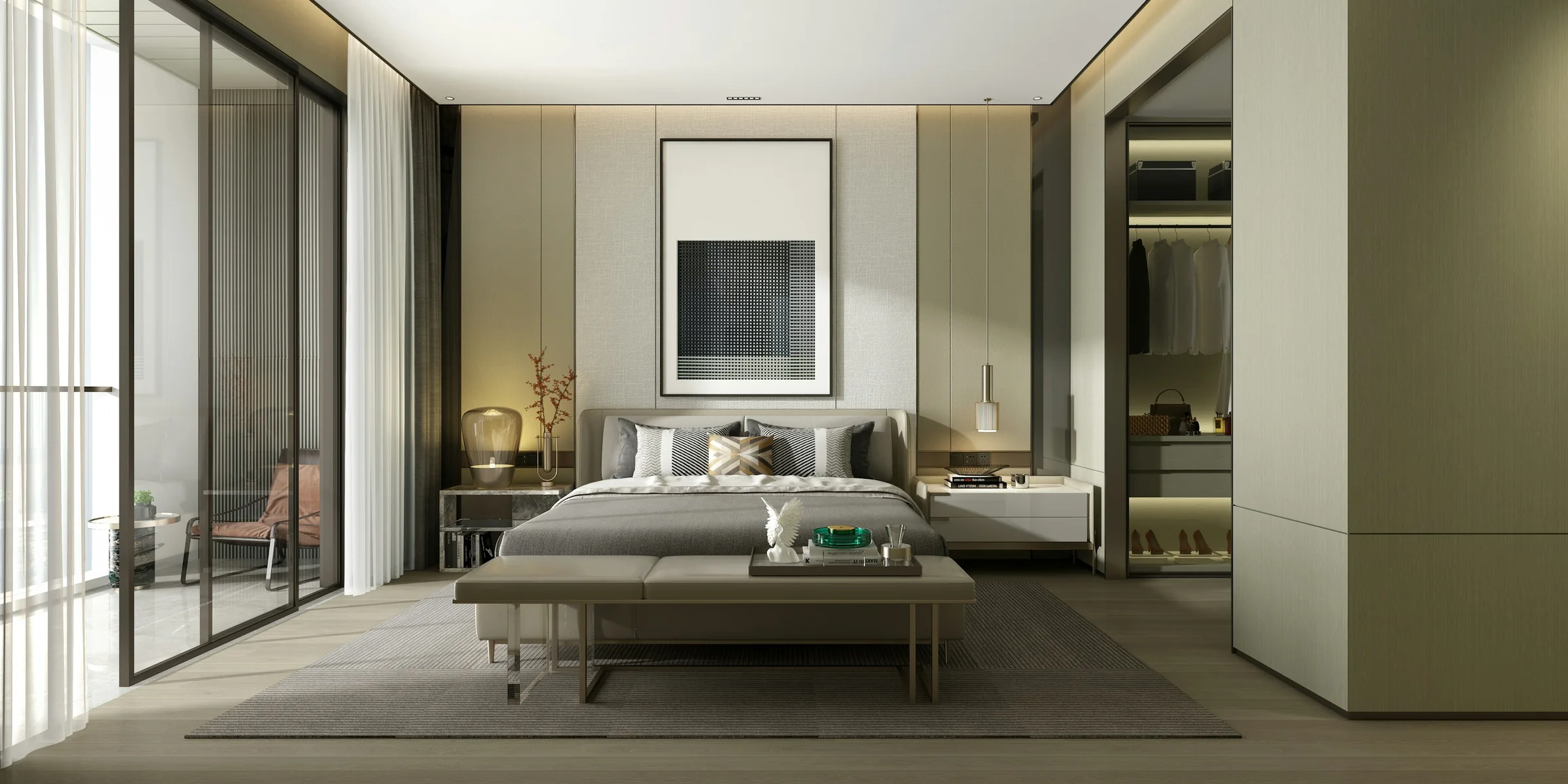 Luxury bedroom suite with a neutral palette, panelled walls and a walk-in dressing area (stock image)